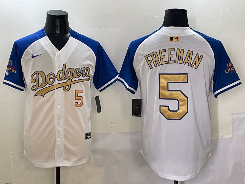 Men Los Angeles Dodgers 5 Freeman White Blue Gold Game 2025 Nike MLB Jersey style 1